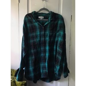 Green and Navy with Orange Boyfriend Old Navy Flannel Button Down